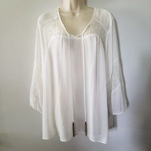 AGB Sheer Lace Trim Chain Tassel Tie 3/4  Balloon Sleeve Blouse Top XL